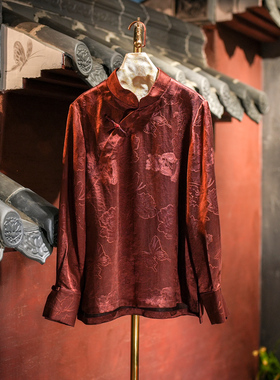 蓝大原创女装新中式红色盘扣蝶恋花宽松长袖真丝香云纱上衣5677