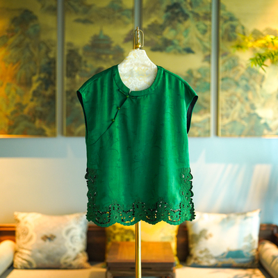 蓝大桑蚕丝2025夏镂空绿色上衣