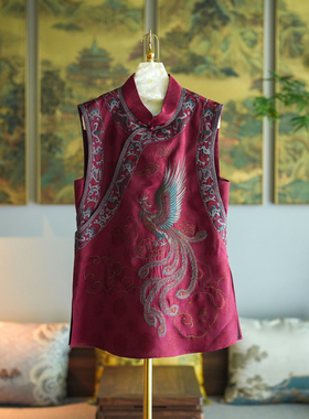 蓝大原创女装重工凤凰刺绣真丝香云纱立领中长款显瘦无袖上衣5430