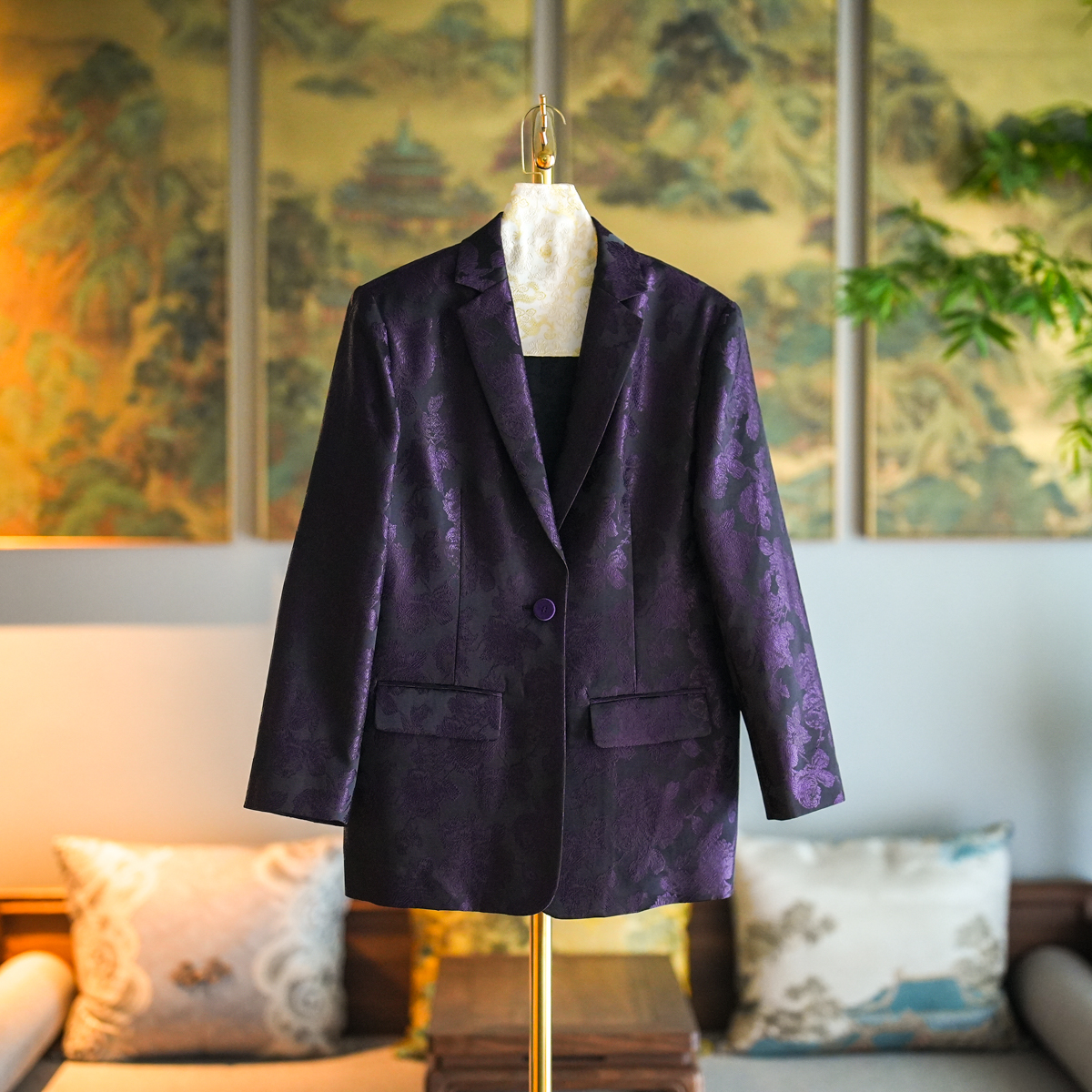 蓝大长袖职业一粒扣紫色西装外套