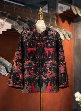 蓝大原创女装国潮九色鹿刺绣立领单排扣黑色宽松桑蚕丝外套5779