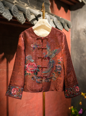 蓝大原创女装重工刺绣圆领单排扣大码真丝香云纱国风外套5710