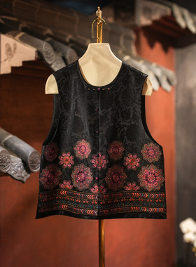 蓝大原创女装新中式百搭黑色单排扣重工刺绣圆领桑蚕丝马甲5826