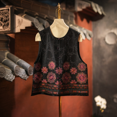 蓝大新中式圆领黑色刺绣百搭马甲