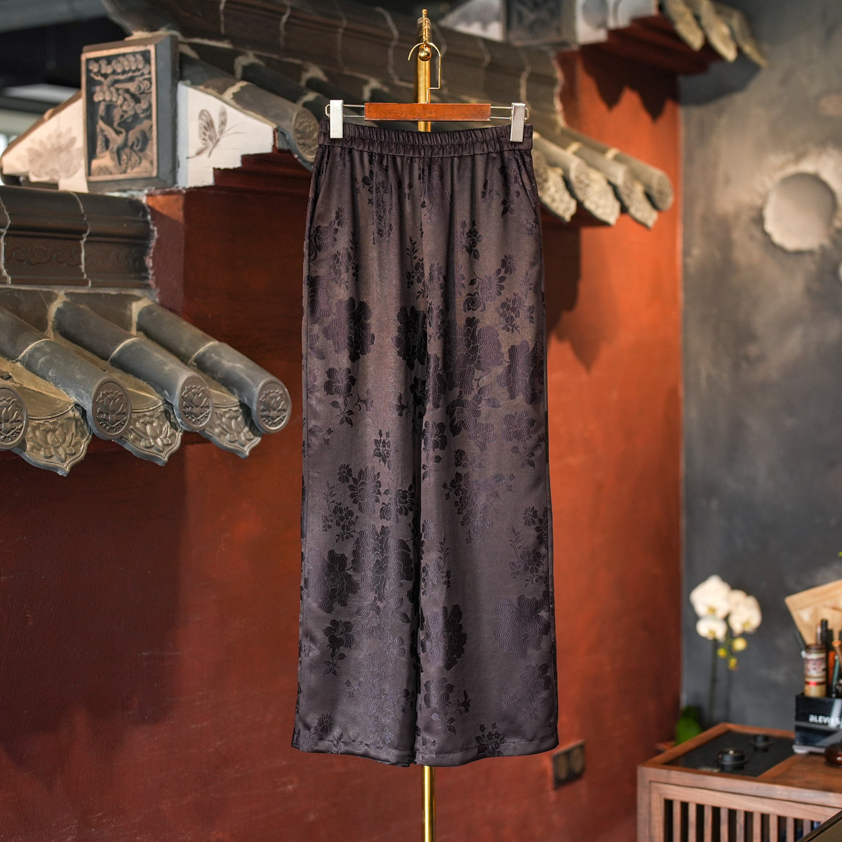 蓝大松紧腰直筒显瘦香云纱长裤