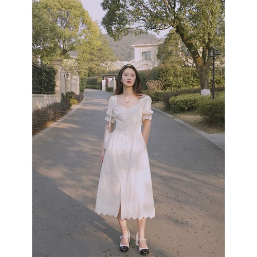 Юбка, белое платье, коллекция 2023, городской стиль, французский стиль, квадратный вырез