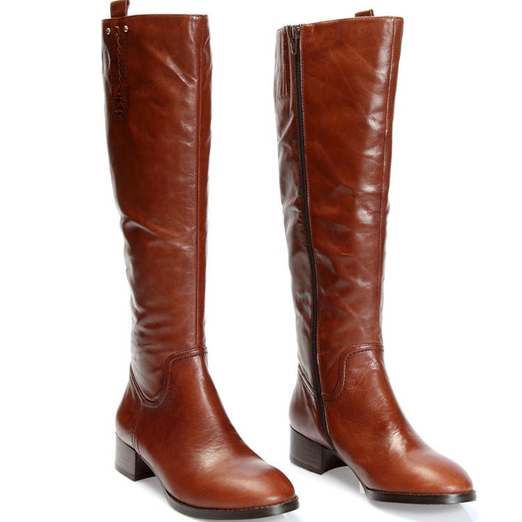 真皮棕咖色小牛皮平底平跟高筒靴