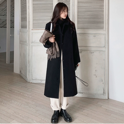 Черное шерстяное пальто, демисезонная ретро куртка, 2020, свободный крой, подходит для подростков