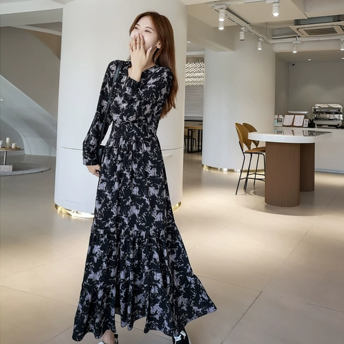 Осенний шифоновый сверхдлинный лонгслив, приталенное платье, V-образный вырез, А-силуэт