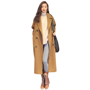 秋冬款英伦长款过膝双排扣仿毛呢料大衣女潮大码显瘦毛呢外套