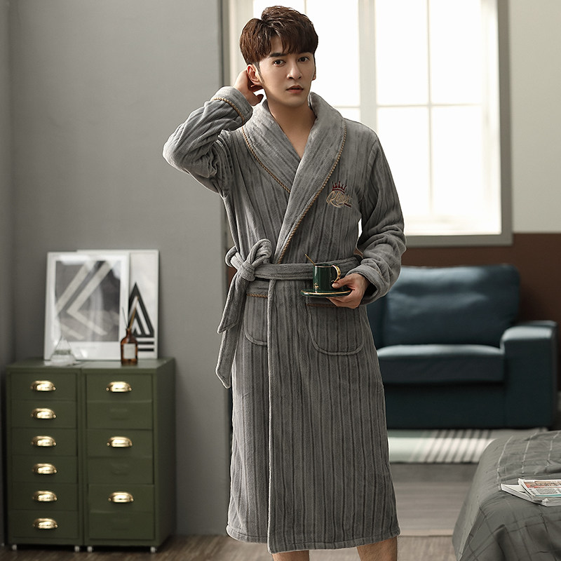 睡袍男士冬季珊瑚绒加厚加绒中长款法兰绒浴袍大码秋冬季连体睡衣