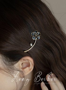 夜宴蔷薇~高级法式花朵夹子头饰 复古黑色侧边发卡气质顶夹青蛙扣