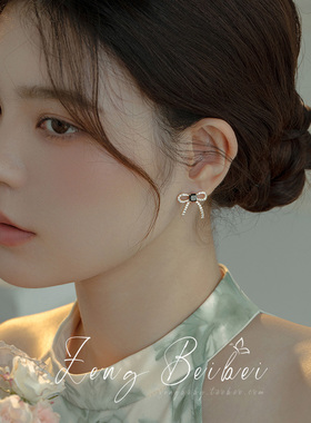 心花送~黑色蝴蝶结法式耳环女2026年新款高级耳钉小香风气质耳饰