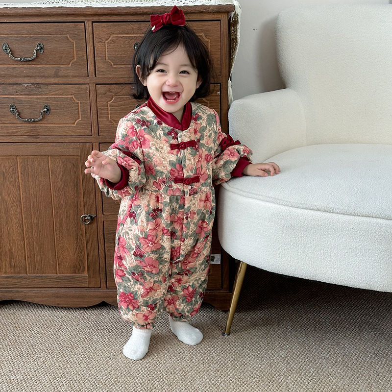 婴儿衣服冬季中国风爬服加厚喜庆新年服宝宝加绒连体衣百日周岁装