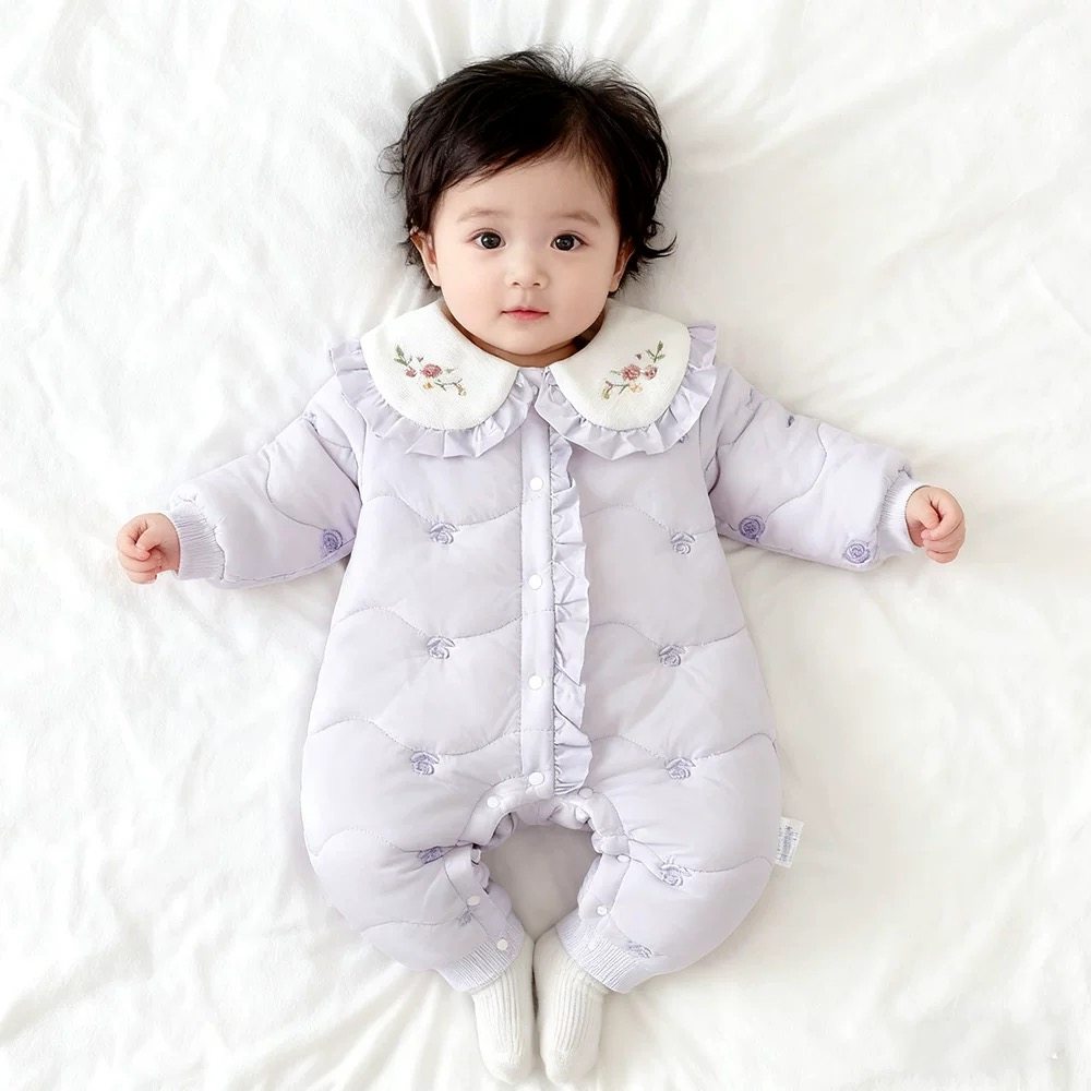 冬季新款婴儿衣服02岁女童加厚花边领夹棉衣服秋冬连体衣