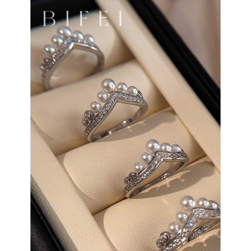 法式V形s925纯银镶钻珍珠戒指约瑟芬皇冠2025新款锆石手饰女配饰