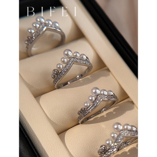 法式V形s925纯银镶钻珍珠戒指约瑟芬皇冠2025新款锆石手饰女配饰