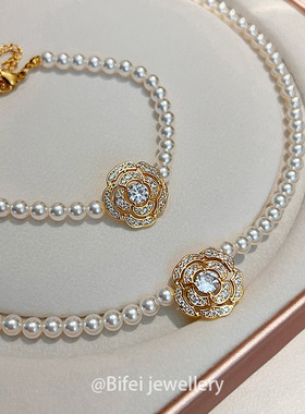 施家珍珠项链山茶花手链夏天毛衣链锁骨链6mm手饰轻奢气质女配饰