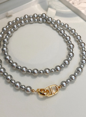 灰色真多麻施家珍珠项链夏天毛衣链大小颈链2025新款高级感配饰女