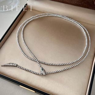 灰色真多麻灵蛇珍珠项链镶钻纯银蛇形毛衣链2025新款颈链锁骨链女