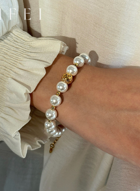 925银星耀陨石金球澳白珍珠手链女送妈妈轻奢弹力手串情人节礼物