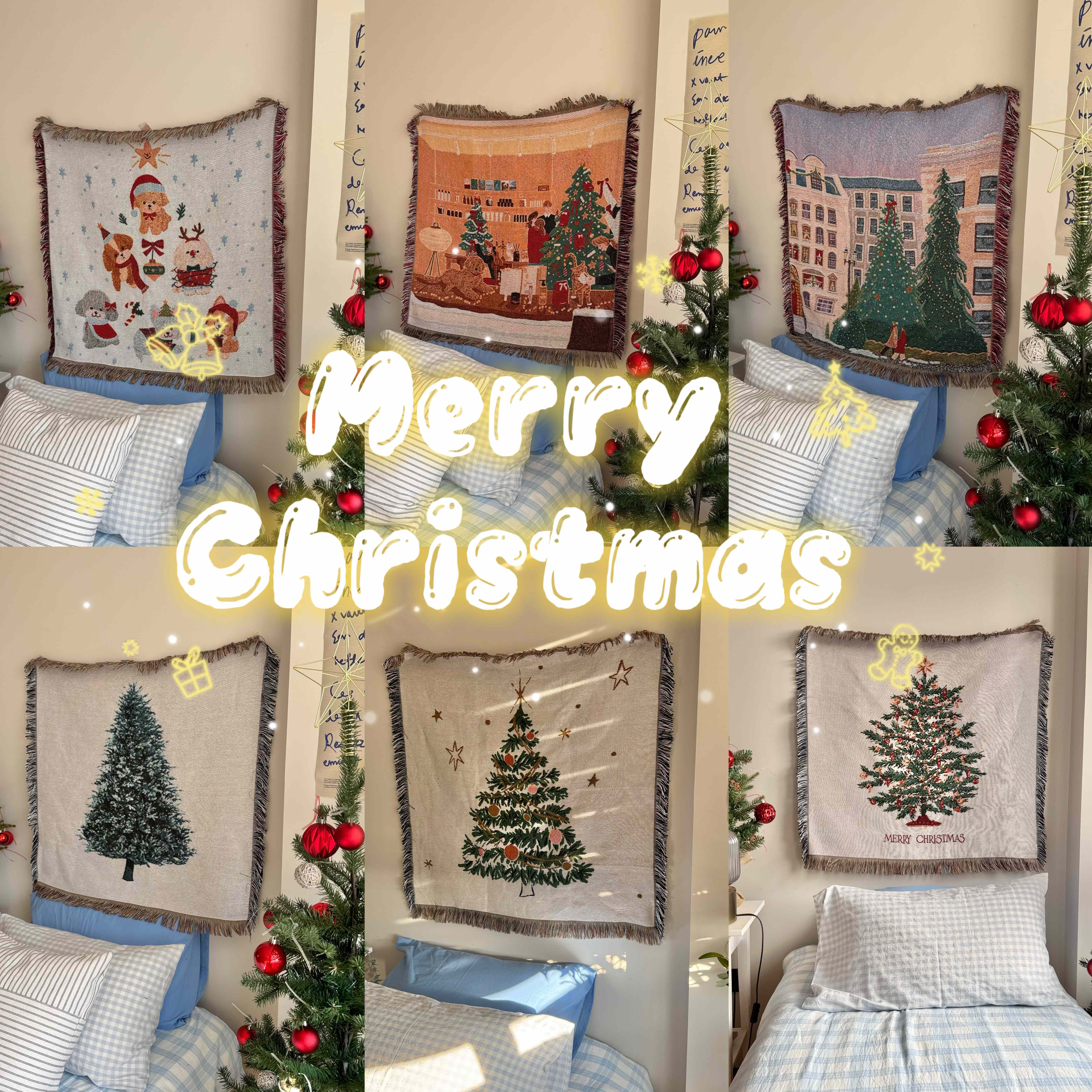 北欧风格韩式卧室布置简约圣诞节复古圣诞树风景 90尺寸小挂毯