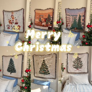 卧室布置简约圣诞节复古圣诞树风景 90尺寸小挂毯 韩式 北欧风格