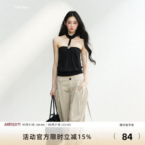 7Shiftin 原创设计辣妹风镂空挂脖系带收腰显瘦上衣修身百搭套装