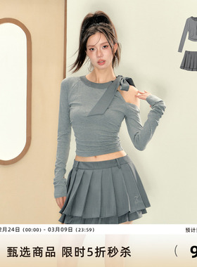 7Shiftin 原创设计露肩灰色上衣辣妹风蝴蝶结长袖套装高腰百褶裙