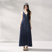 蓝色连衣裙休闲碎花棉质长裙修身 新款 V领裙 原创设计夏季 7Shiftin