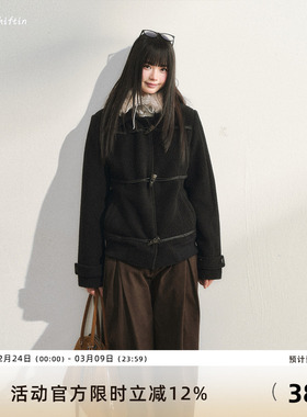 7Shiftin 原创设计黑色牛角扣外套秋冬新款百搭修身保暖毛呢大衣