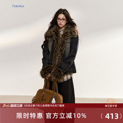 7Shiftin 原创设计美式复古高级感毛领拼接牛仔外套秋冬新款上衣