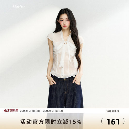 7Shiftin 原创设计法式立领衬衫蝴蝶结通透修身上衣日常百搭短袖