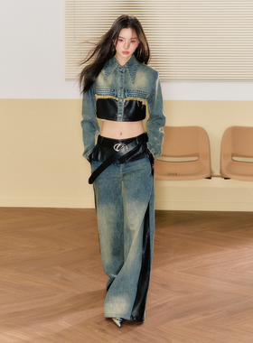 7Shiftin原创设计辣妹风拼接牛仔套装复古短款上衣外套宽松长裤女