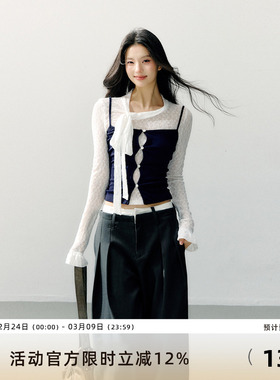 7Shiftin 原创设计辣妹网纱套装藏蓝色吊带修身背心白色蕾丝内搭