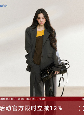 7Shiftin 原创设计深灰色中长款西装外套新款气质通勤夹克上衣女