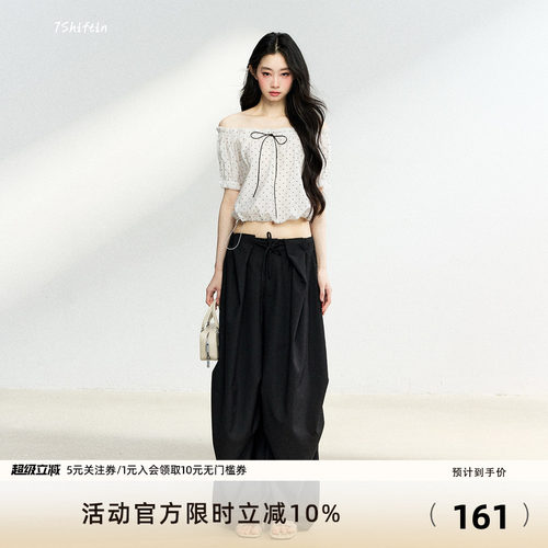 7Shiftin 原创设计甜美风休闲套装波点蝴蝶结上衣宽松百搭长裤女