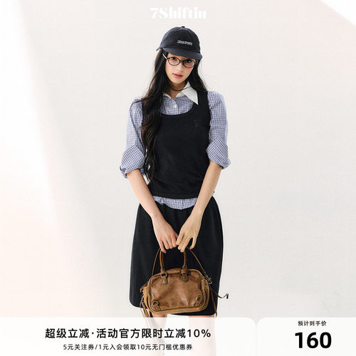 7Shiftin 原创设计复古学院风套装翻领格纹清爽上衣简约百搭裙女