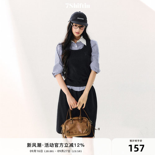 7Shiftin 原创设计复古学院风套装翻领格纹清爽上衣简约百搭裙女