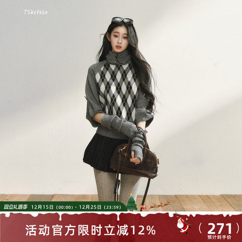 7Shiftin 原创设计复古菱形格纹中袖针织毛衣学院风修身显瘦上衣