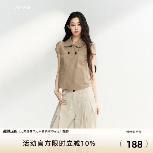 7Shiftin原创设计复古学院风百搭上衣双排扣格纹衬衫休闲纯棉短袖