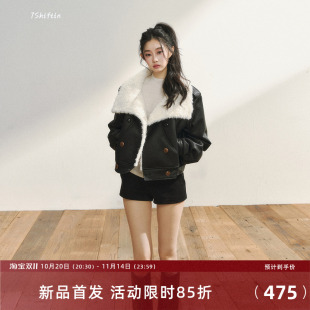 保暖翻领派克服 皮毛一体外套女秋冬款 7Shiftin 原创设计黑色短款