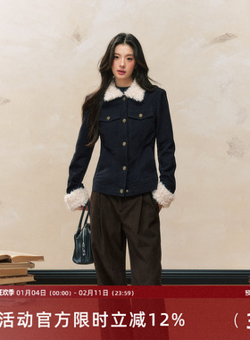 7Shiftin 原创设计秋冬新款修身藏蓝色短款外衣夹棉毛领外套女