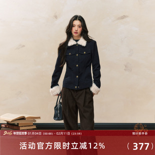 7Shiftin 原创设计秋冬新款修身藏蓝色短款外衣夹棉毛领外套女