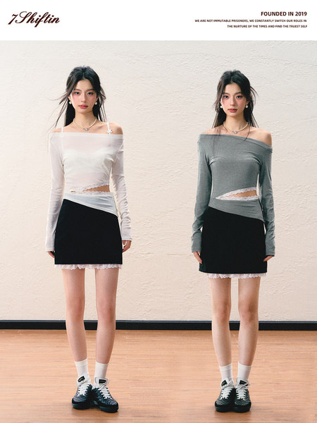 Two models wearing off-shoulder long-sleeve tops with lace-trim mini skirts