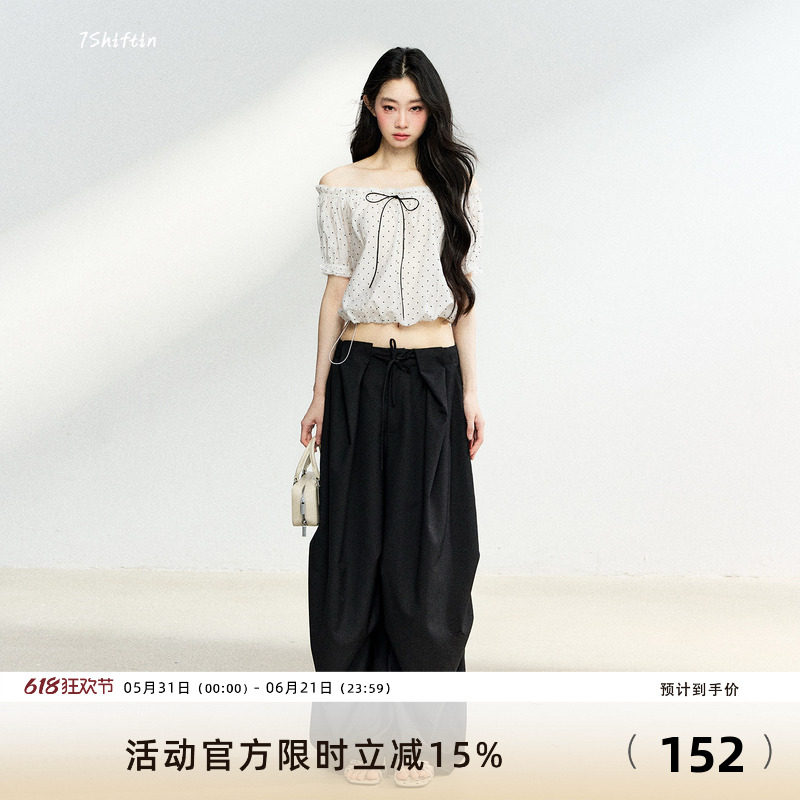 7Shiftin 原创设计甜美风休闲套装波点蝴蝶结上衣宽松百搭长裤女