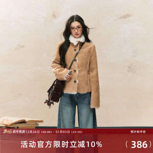 7Shiftin原创设计秋冬新款修身毛绒外衣卡其色保暖皮毛一体外套女