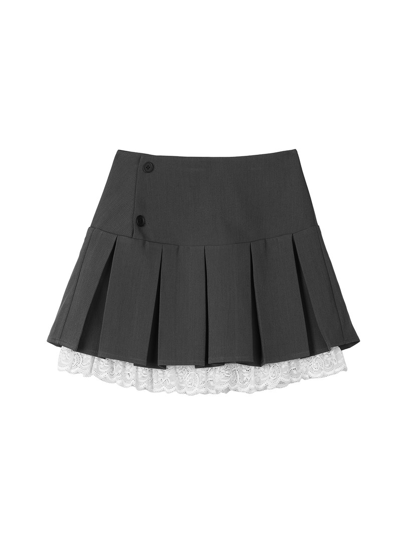Black pleated mini skirt with white lace trim on a white background