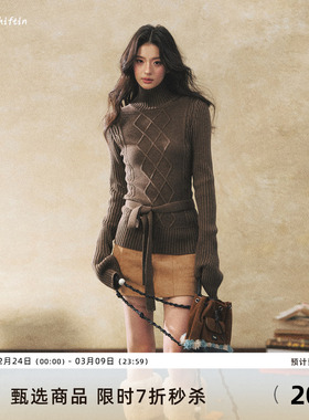 7Shiftin 原创设计双色高领长袖腰带针织毛衣冬季慵懒风收腰上衣