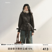 复古收腰毛领外套 口毛呢皮大衣时尚 7Shiftin 原创设计深棕色收袖